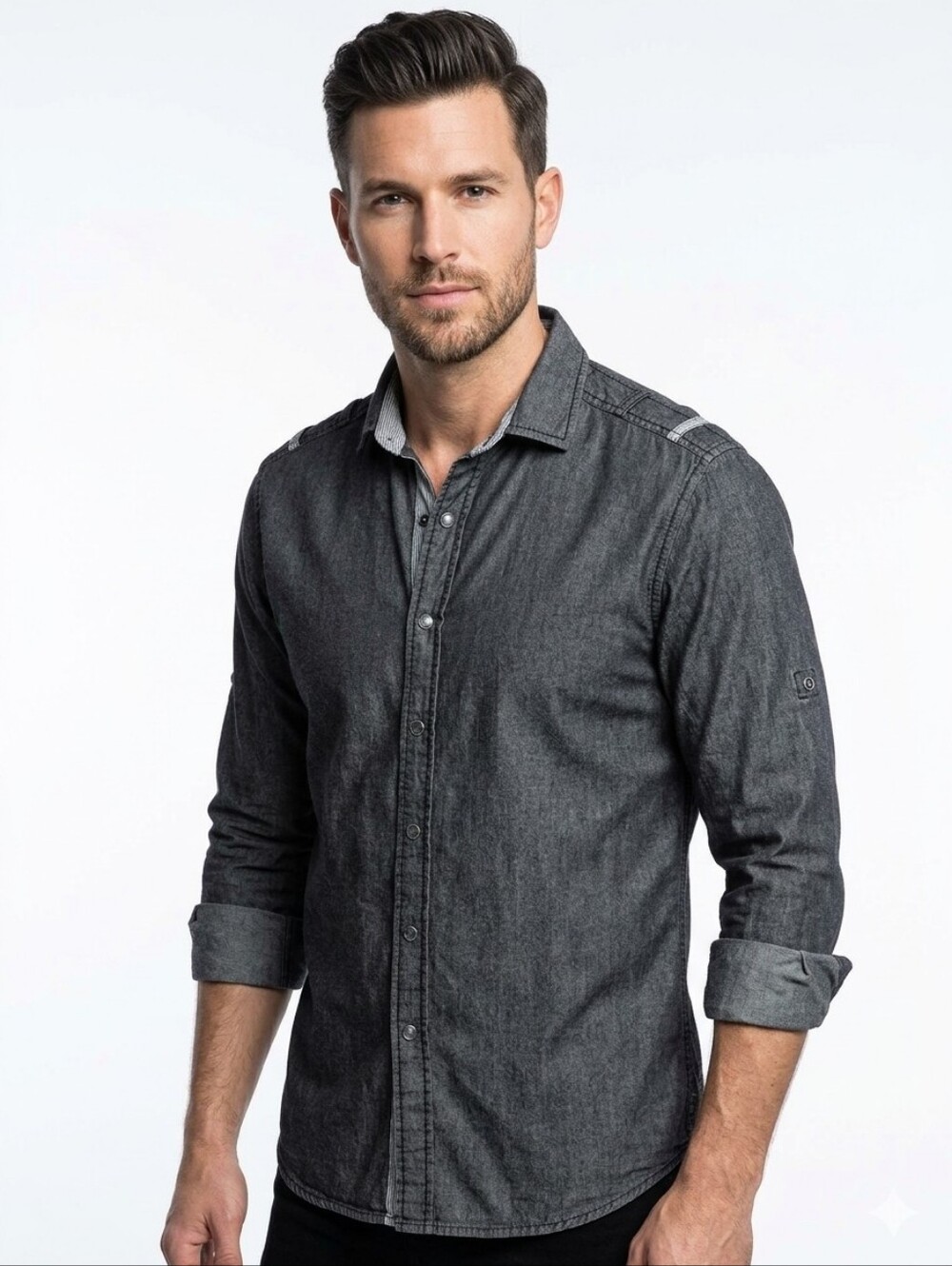 Smash Blue Chambray Snap Button Accent Trim Denim Shirt Men's Sz Med